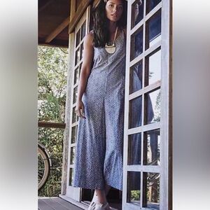 Anthropologie Elevenses Windward Blue Jumpsuit Wide Leg  Back Tie XS Geometric